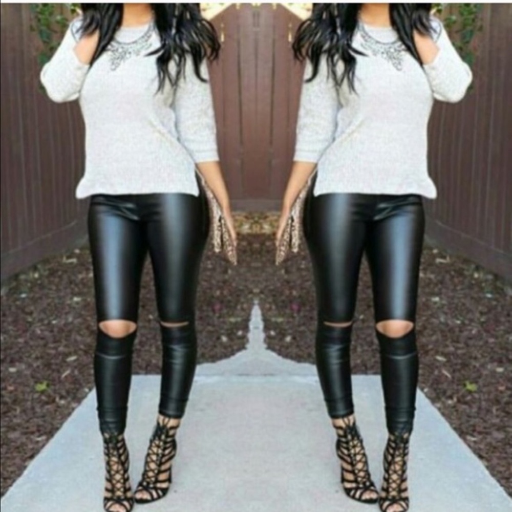 Black Cut out knee Fitted Sexy Vegan leather leggings